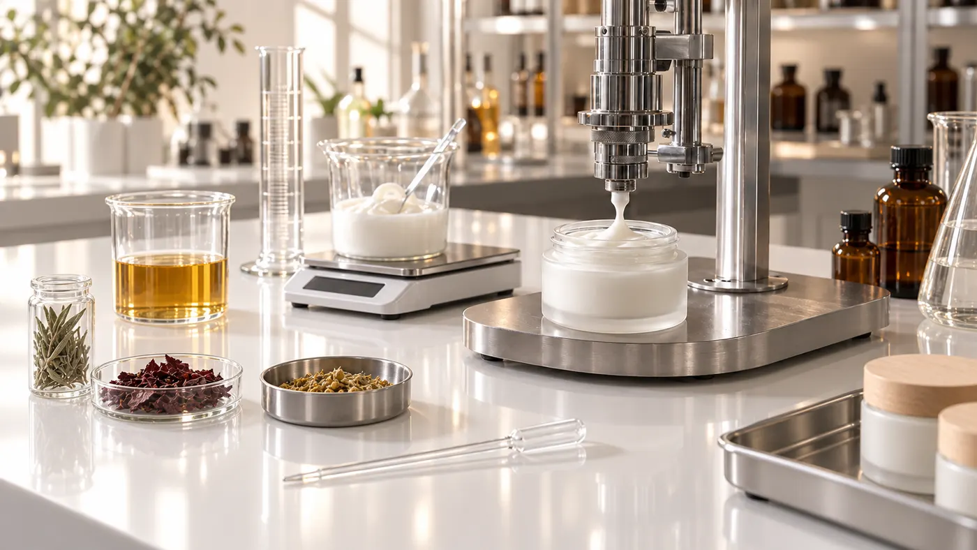 Laboratory bench: cream being dosed into a jar, among botanical raw materials and glassware